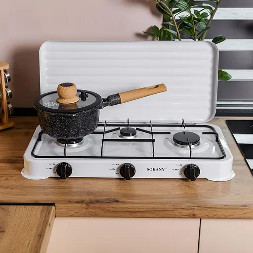 Настільна газова плита Sokany SK-6003W 3 конфорки 5.5 кВт міні під балонний газ Білий  - фото 9