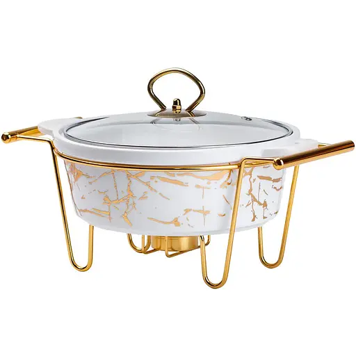 Мармітниця  Yiwu порцелянова кругла 1 л зі скляною кришкою золотий мармур HP1037 - фото 2