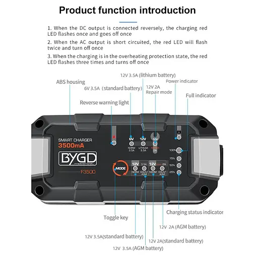 Зарядное устройство для аккумулятора AGM BYGD F3500 6V/12V (MF, WET, AGM, GEL) - фото 6