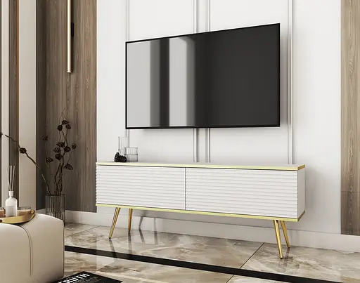 Тумба під телевізор Perfect Home Оро / Oro 2-дверна з золотими ніжками RTV135 MDF Білий (PFH-091329)