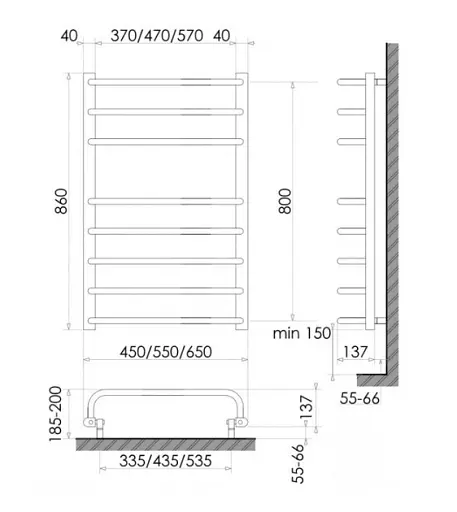 Електрична рушникосушка Heizung 860x550 (ліва,161Вт, Чорний) з терморегулятором - фото 2