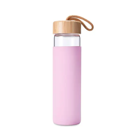 Пляшка скляна OldBro бамбукова кришка із захисним силіконовим чохлом Pink 590 мл