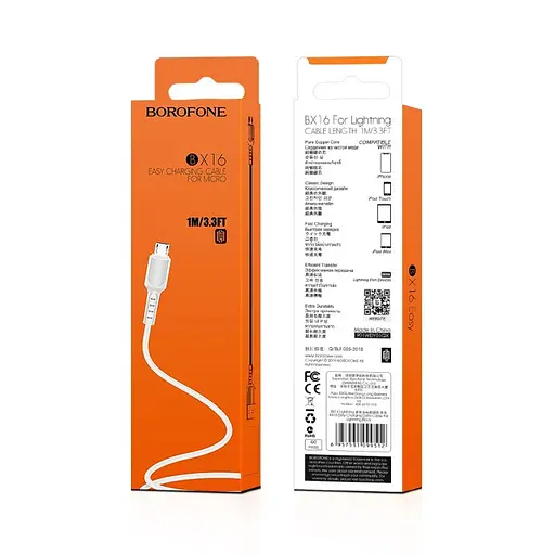 Кабель Borofone BX16 USB to Micro 2A 1 м PVC TPE connectors білий - фото 2