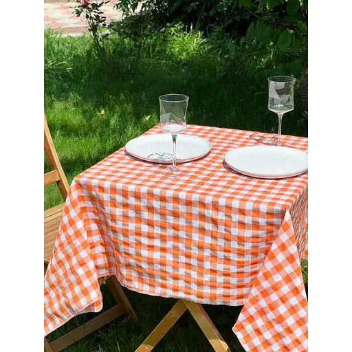 Скатертина в клітинку для столу Зефір 130х130 см (+ 2 серветки 30х40) Помаранчева - фото 7