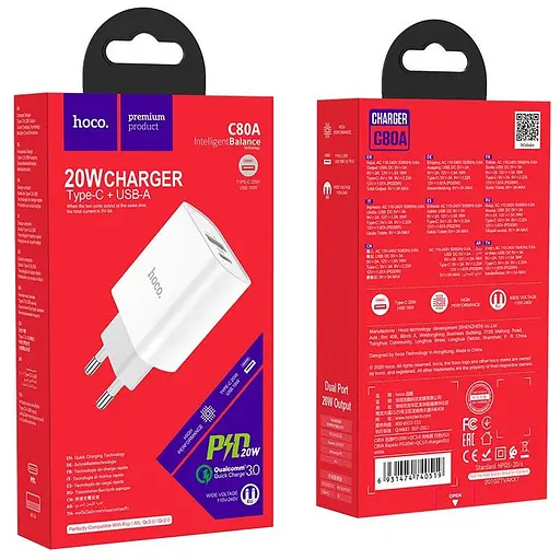 Сетевые зарядные устройства Hoco C80A Rapido PD20W + QC3.0 charger (EU) Белый - фото 3