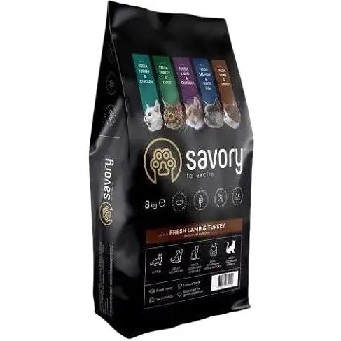 Сухой корм Savory для кошек с чувствительным пищеварением со свежим ягненком и индейкой 8 кг - фото 1