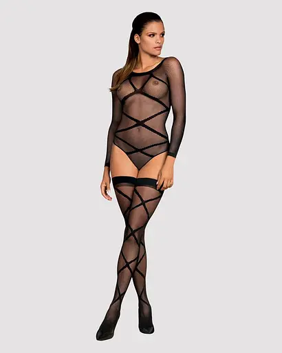 Бодістокінг Obsessive Bodystocking G320 панчохи боді декор у вигляді ліній S/M/L - фото 3