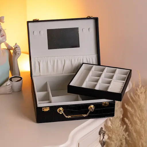 Скринька для прикрас з еко шкіри 19 відділень із дзеркалом 23.5×14×8 см органайзер для прикрас Чорний Yiwu HP-5-20B - фото 3