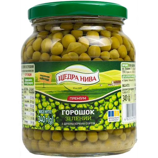 Горошок зелений консервований Щедра нива зі свіжого зеленого горошку мозкових сортів 340 г