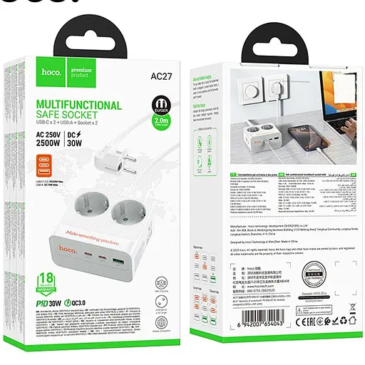 Подовжувач Hoco AC27 Descanso (PD30W/2C/1A/2xSocket) (2m) White - фото 4