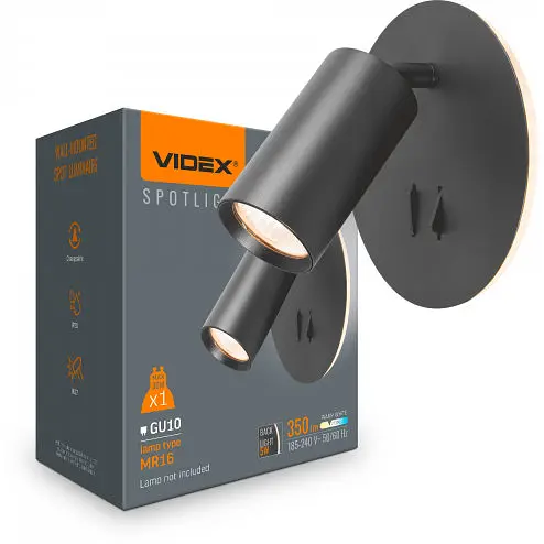 Світильник Videx під лампу GU10 настінний з підсвіткою та кнопкою чорний (VL-SPF24E-B) - фото 1