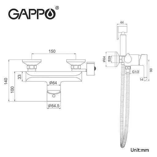 Змішувач для гігієнічного душу зовнішнього монтажу 150 мм Gappo G2003-6, чорний/хром, Чорний матовий - фото 8