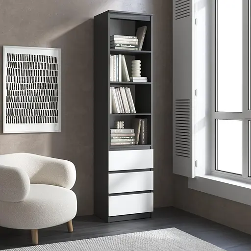 Пенал для книг Vays R-25 Антрацит-Білий фасад, з відкритими полицями та шухлядами, без ручок, ЛДСП, 50×40×211 см - для вітальні, спальні, офісу