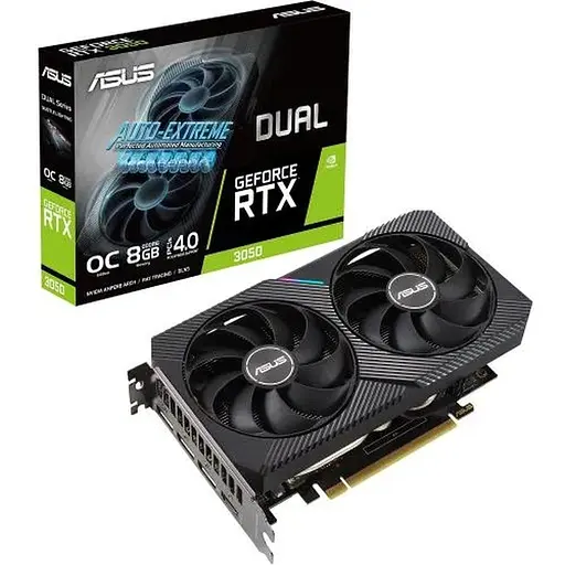 Відеокарта GeForce RTX 3050, Asus, DUAL OC V2, 8Gb GDDR6, 128-bit, DVI-D/HDMI/DP, 1852/14000 MHz, 6-pin (DUAL-RTX3050-O8G-V2)