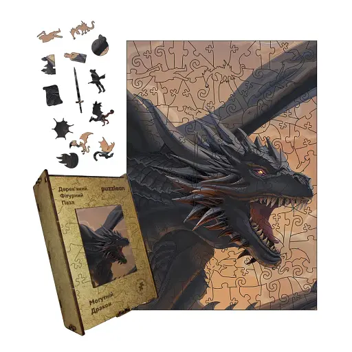 Дерев'яний фігурний пазл Могутній Дракон, А4, Дерев'яна коробка 100 елементів