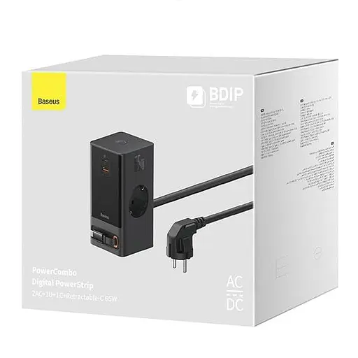 Зарядное устройство для Baseus PowerCombo Digital PowerStrip 65W удлинитель с кабелем черный - фото 3