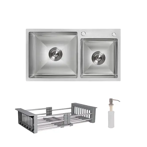 Кухонная мойка Lidz Handmade H7843 с двумя чашами интегрированная Brushed в комплекте с дозатором и корзиной, Нержавеющая сталь - фото 1