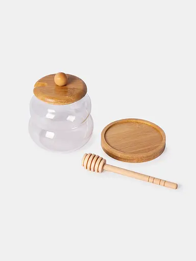 Медовница с бамбуковой крышкой на подставке 350 мл Прозрачный - фото 4