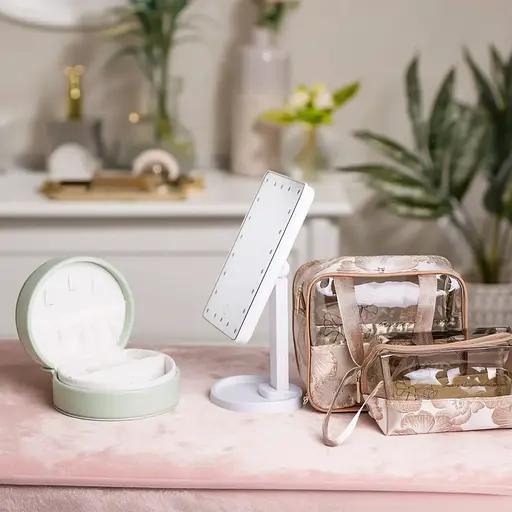 Подарунковий бокс: органайзер для прикрас + гнучке LED-дзеркало + набір дорожніх косметичок 2 шт CP2026-5