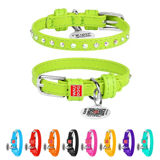 Ошейник для собак кожаный Waudog Glamour с QR-паспортом с клеевыми стразами Ш 9 мм Д 19-25 см салатовый - фото 2