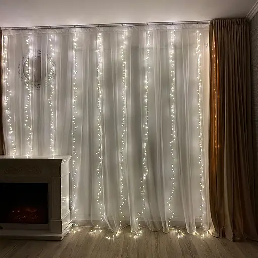 Світлодіодна гірлянда водоспад-штора Роса мішура дощ 3x3 м 900 LED тепле біле світло білий провід з пультом 8 режимів