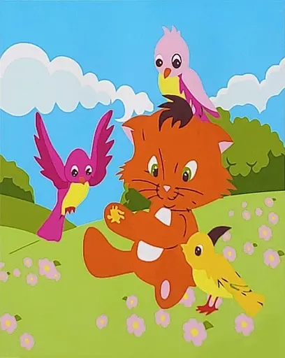 Набір для розпису по номерах Грайливе котеня з пташками, Strateg, 30x30 см, ES194