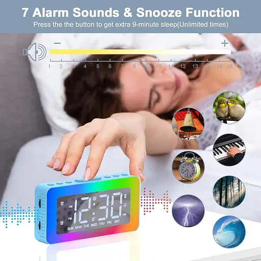 Цифровий електронний будильник з 2 будильниками, дзеркало LED з 8 режимами освітлення, повтор, засіб для сну, таймер - фото 2