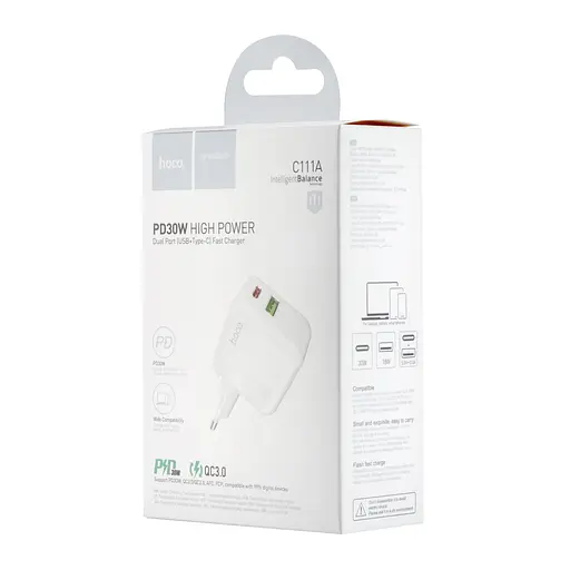 Сетевое зарядное устройство Hoco C111A Lucky dual-port PD30W + QC3.0 charger ( EU ) Белый - фото 2