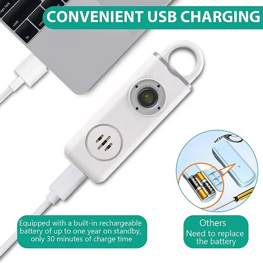 Персональная сигнализация ORIA для пожилых женщин, громкая сирена 130 дБ со светодиодным стробоскопом и карабином, поддерживает USB - фото 4