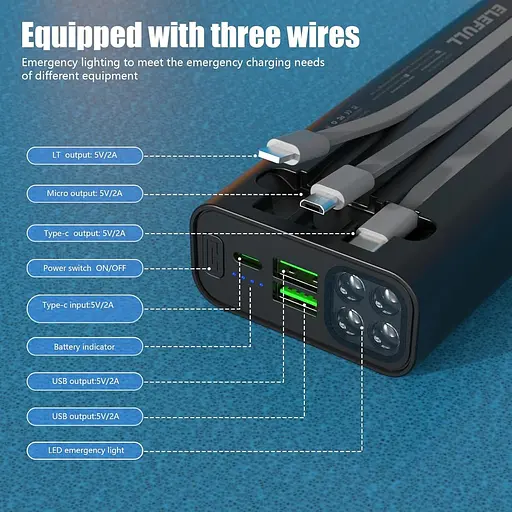 Зовнішній акумулятор ELEFULL ємністю 26800 мАч з вбудованим кабелем, невеликий зовнішній акумулятор з функцією швидкого заряджання - фото 2