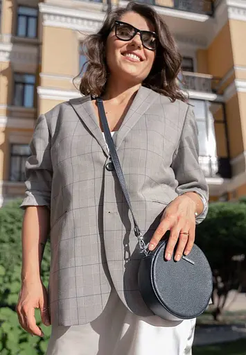 Кругла шкіряна жіноча сумочка Tablet темно-синя - фото 2