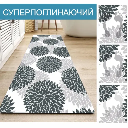 Набор 2 коврика для ванной и кухни Aquarius Суперпоглощающие 50х80 см + 50х120 Серые Цветы - фото 3