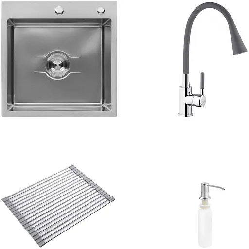 Кухонная мойка Kroner Derby-5050HM Brush + сушка для посуды, смеситель и дозатор (CVS30137) - фото 1