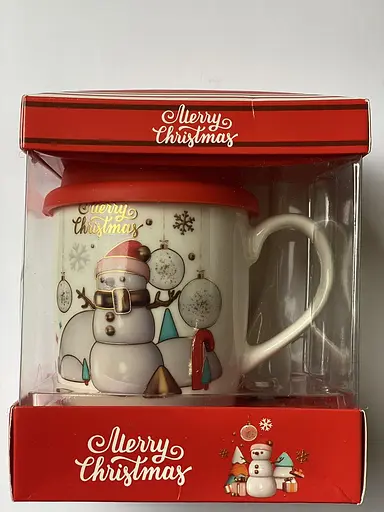 Новогодняя чашка Снеговик 380 мл с силиконовой крышкой и ложкой в коробке kru-nr11 Gee! - фото 1