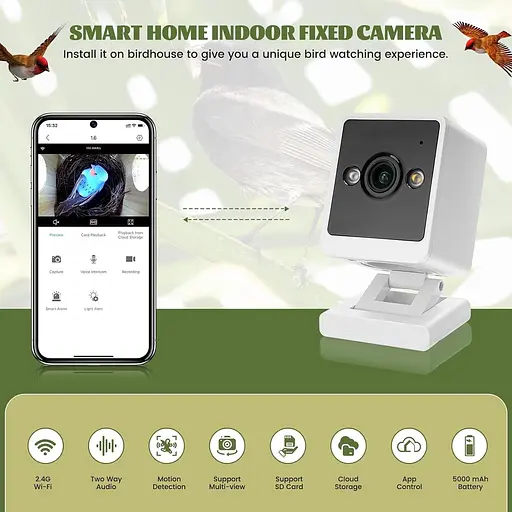 Ideashop Смарт шпаківня з бездротовою камерою 3MP, 13" H підвісний дерев'яний пташиний будиночок для вулиці, зовнішня камера - фото 3