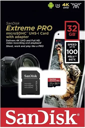 Карта памяти Sandisk 32GB microSDHC Extreme Pro + SD Adapter + Rescue Pro Deluxe 100MB/s A1 C (SDSQXCG-032G-GN6MA) - фото 2