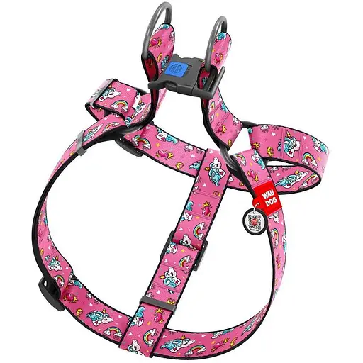 Шлейка для собак Waudog Nylon с QR паспортом, рисунок "Единороги", пластиковый фастекс, XL - фото 2