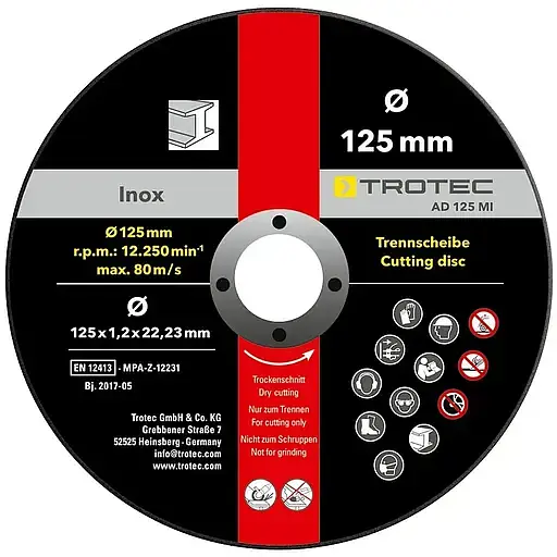 Круг отрезной по металлу Trotec 125 х 22.23 х 1.2 мм 12 шт. (DAS302828) - фото 1