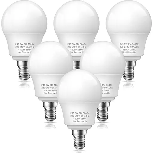 Світлодіодна лампа Plusluck E14, кульки P45 E14, лампа для гольфу SES E14, теплий білий 3000K, 5 Вт, еквівалент 40 Вт, 450LM