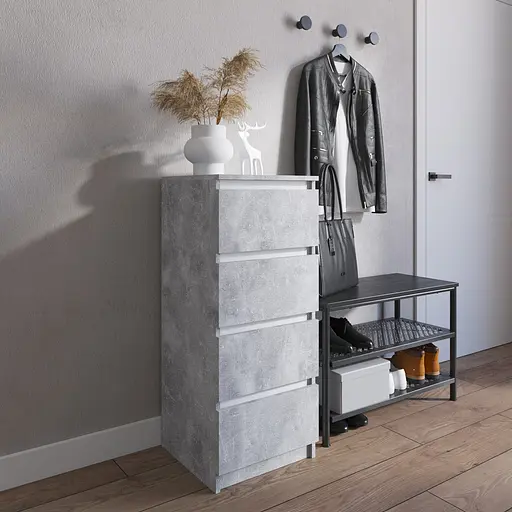 Комод Vays R-17 Бетон-Белые планки, на 4 ящика без ручек, узкий, ЛДСП 40×40×98 см - для прихожей, спальни, коридора