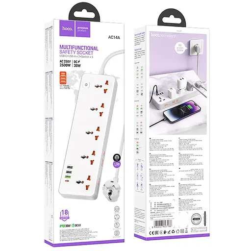 Подовжувач Hoco AC14A Rico PD30W (3USB-A/1C/5xSocket) (1.5m) White - фото 6