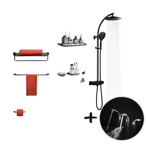 Набор душевая система наружного монтажа с термостатом Nett PSr-88 + смеситель на борт ванны и аксессуары Графит - фото 1