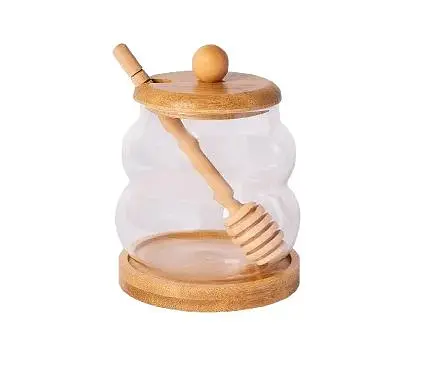 Медовница с бамбуковой крышкой на подставке 350 мл Прозрачный - фото 1