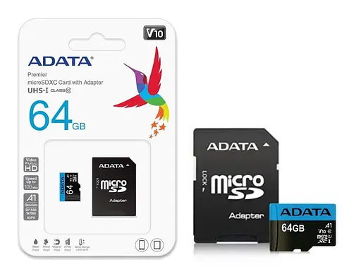 Карта памяти Adata microSDXC (UHS-1) Premier 64Gb Class 10 A1 (R-100Mb/s) (adapter SD) - фото 2