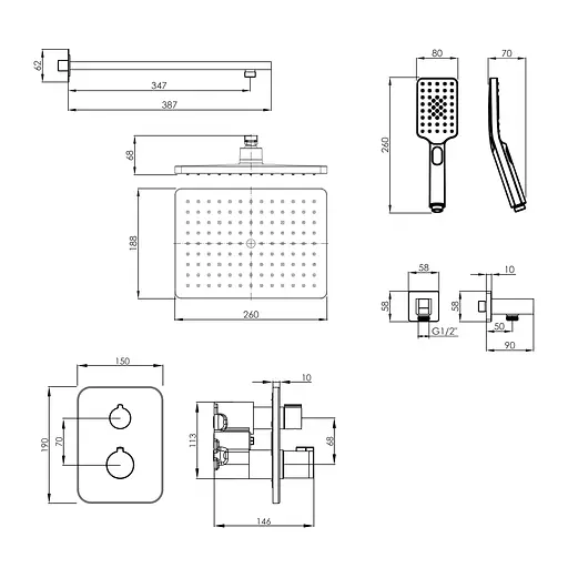 Душевая система скрытого монтажа с термостатом Imprese Bilovec верхний душ 260x188 мм ABS black matt t04800910SQС, Черный матовый - фото 2