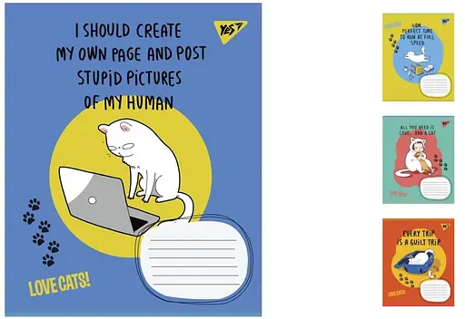 Зошити учнівські 12 аркушів лінія. 1В Love cats, 25 шт. в упаковці