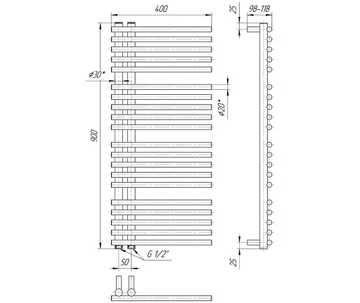 Водяной полотенцесушитель Mario Премиум Марсель 900x400/50, Хром - фото 2