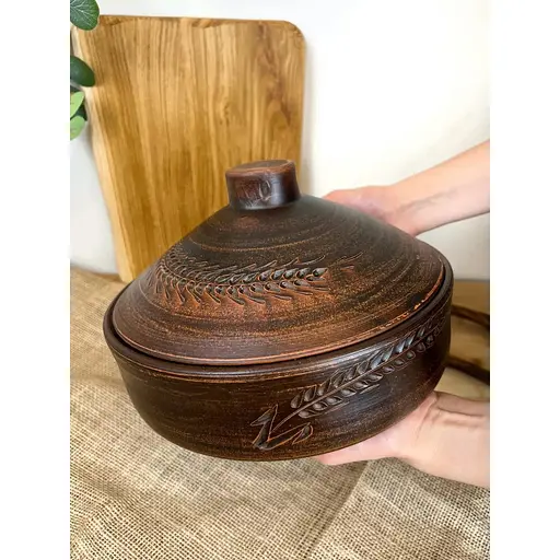 Сковорода 3 литра керамическая (глиняная) с крышкой резная Колосок - фото 4