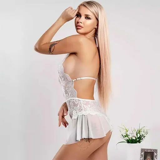 Сексуальний боді-пеньюар з відкритою спиною S/M білий K1009-2 - фото 4