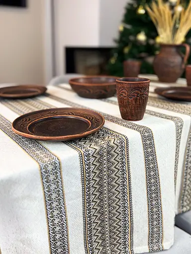 Лляна скатертина різдвяна з українським орнаментом "Рандеву коричневий" - 180х150 см - фото 5